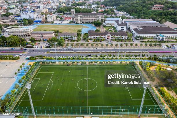 soccer or football field from aerial - local soccer field stock pictures, royalty-free photos & images