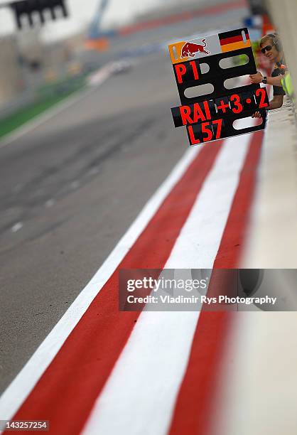 Heikki Huovinen trainer of Sebastian Vettel of Germany and Red Bull Racing displays the time board during the last lap of the Formula One Grand Prix...