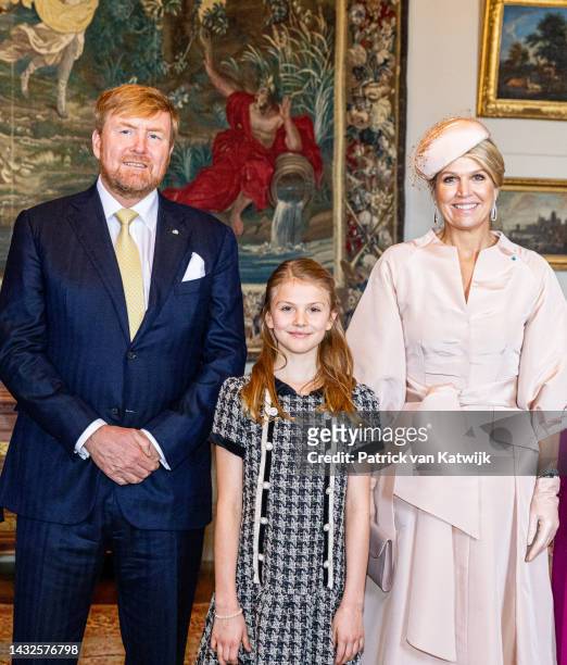King Willem-Alexander of The Netherlands, Princess Estelle of Sweden and Queen Maxima of The Netherlands at the Royal Palace on October 11, 2022 in...