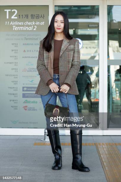 Krystal of girl group f is seen on departure at Incheon International Airport on October 11, 2022 in Incheon, South Korea.