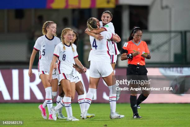 Gisele Thompson of USA celebrates with teammates after scoring during the FIFA U-17 Women's World Cup 2022 Group A match between India and USA at...