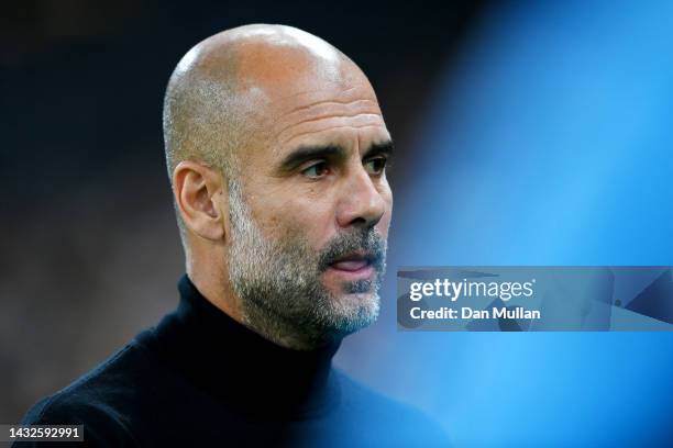 Pep Guardiola, Manager of Manchester City looks on prior to the UEFA Champions League group G match between FC Copenhagen and Manchester City at...