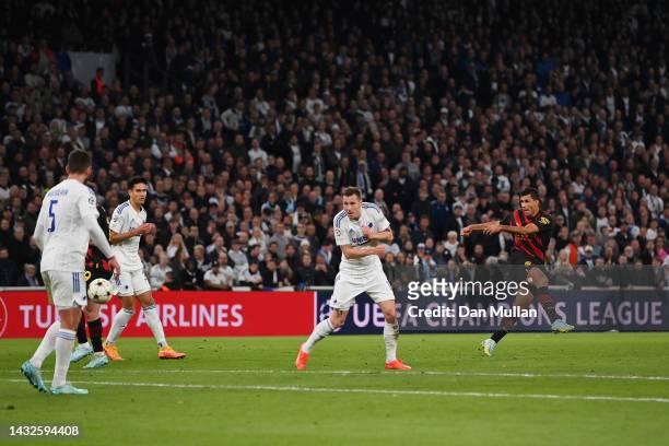 Rodrigo of Manchester City scores their sides first goal, which was later disallowed, during the UEFA Champions League group G match between FC...