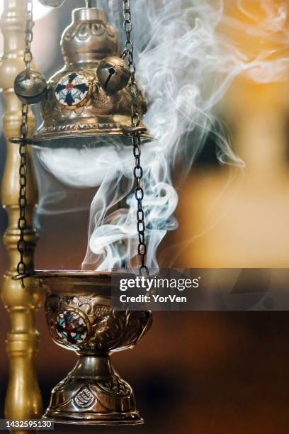 burning incense in an orthodox church - censer stock pictures, royalty-free photos & images