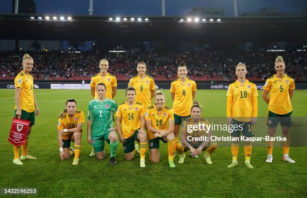 Players of Wales pose for a team photograph prior to kick off of the 2023 FIFA Women's World Cup play-off round 2 match between Switzerland and Wales...