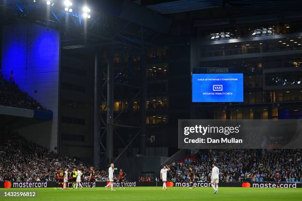 General view inside the stadium as VAR checks for a penalty during the UEFA Champions League group G match between FC Copenhagen and Manchester City...