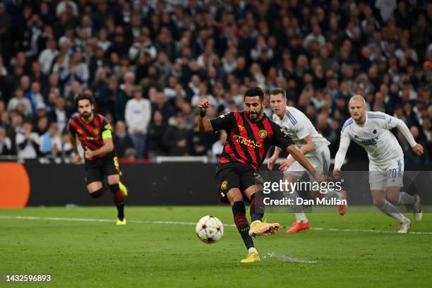 Riyad Mahrez of Manchester City has a penalty saved by Kamil Grabara of FC Copenhagen during the UEFA Champions League group G match between FC...