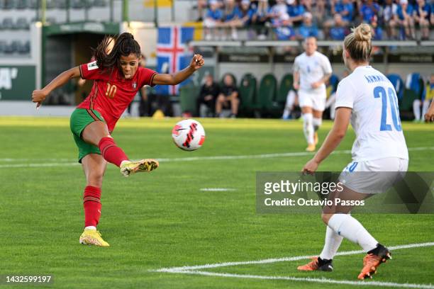 Jessica Silva of Portugal shoots during the 2023 FIFA Women's World Cup play-off round 1 match between Portugal v Iceland at Estadio Capital do Movel...