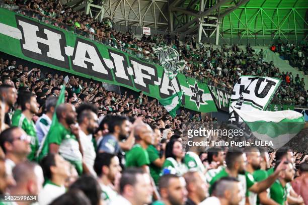 General view of fans of Maccabi Haifa on the inside of the stadium prior to kick off of the UEFA Champions League group H match between Maccabi Haifa...