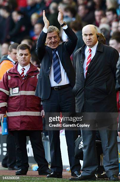 West Brom manager Roy Hodgson salutes the crowd after the Barclays Premier League match between Liverpool and West Bromwich Albion at Anfield on...