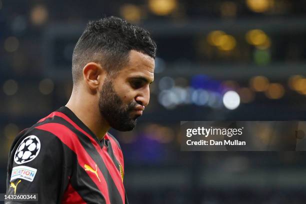 Riyad Mahrez of Manchester City reacts after being substituted off during the UEFA Champions League group G match between FC Copenhagen and...