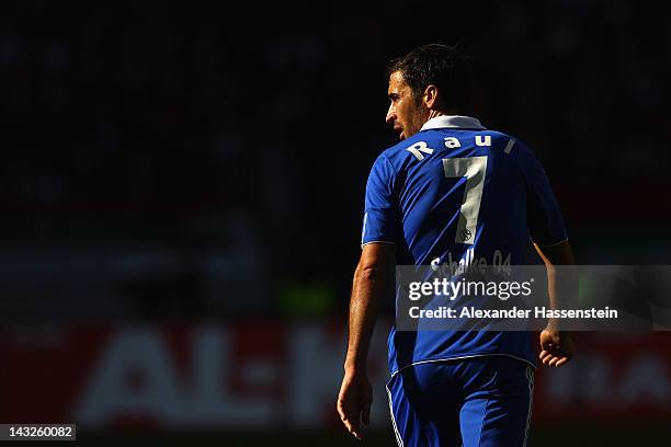 Raul Gonzales of Schalke looks on during the Bundesliga match between FC Augsburg and FC Schalke 04 at SGL Arena on April 22, 2012 in Augsburg,...