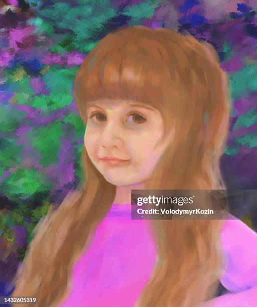 stockillustraties, clipart, cartoons en iconen met portrait of a child with a barely noticeable smile, with long hair - portrait smile