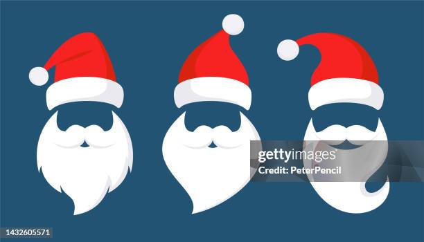 illustrazioni stock, clip art, cartoni animati e icone di tendenza di cappelli di babbo natale, baffi e barbe. set di elementi di natale. illustrazione vettoriale isolata - cappello da babbo natale