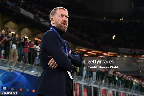 Graham Potter, Manager of Chelsea looks on prior to the UEFA Champions League group E match between AC Milan and Chelsea FC at Giuseppe Meazza...