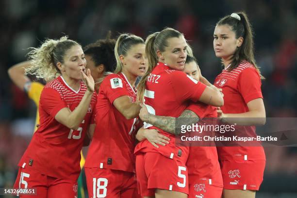 Ramona Bachmann of Switzerland celebrates scoring their side's first goal with teammates during the 2023 FIFA Women's World Cup play-off round 2...