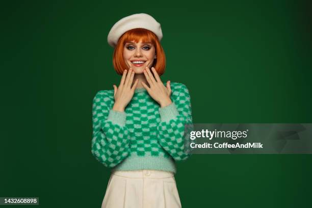 beautiful emotional woman with bright make-up - beret cap stock pictures, royalty-free photos & images