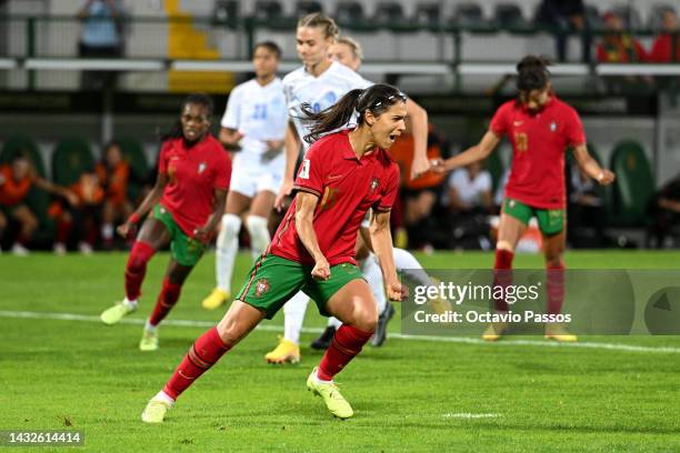 Carole Costa of Portugal celebrates after scoring their sides first goal from the penalty spot during the 2023 FIFA Women's World Cup play-off round...
