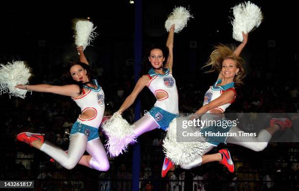 Deccan Chargers cheer girls perform during IPL 5 T 20 cricket match played between Deccan Chargers and Kolkata Knight Riders at Barabati Stadium on...