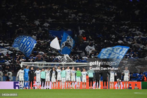 Players of FC Copenhagen celebrate with fans after the UEFA Champions League group G match between FC Copenhagen and Manchester City at Parken...