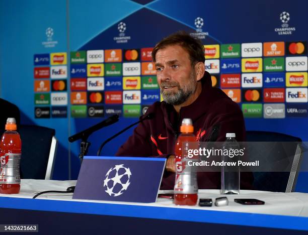 Jurgen Klopp manager of Liverpool during a press conference ahead of their UEFA Champions League group A match against Rangers FC at Ibrox Stadium on...