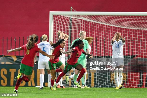 Diana Silva of Portugal celebrates after scoring their sides second goal during the 2023 FIFA Women's World Cup play-off round 1 match between...