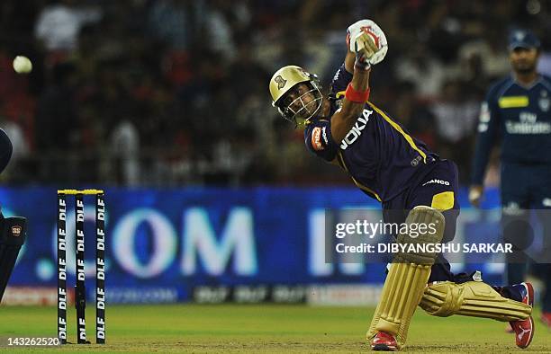 Kolkata Knight Riders' batsman Manoj Tiwary plays a shot during the IPL Twenty20 cricket match between Deccan Chargers and Kolkata Knight Riders at...