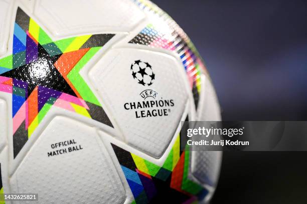 Detailed view of the UEFA Champions League logo on the Adidas Match Ball prior to kick off of the UEFA Champions League group E match between Dinamo...