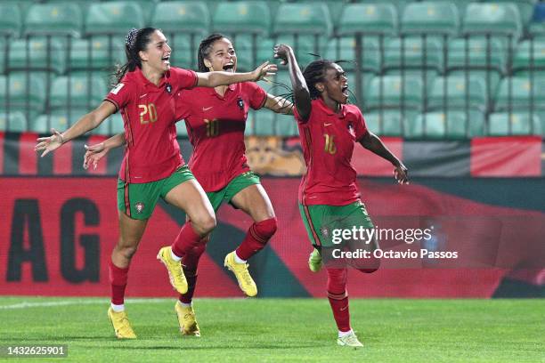 Diana Silva of Portugal celebrates with team mates Francisca Nazareth and Jessica Silva after scoring their sides second goal during the 2023 FIFA...