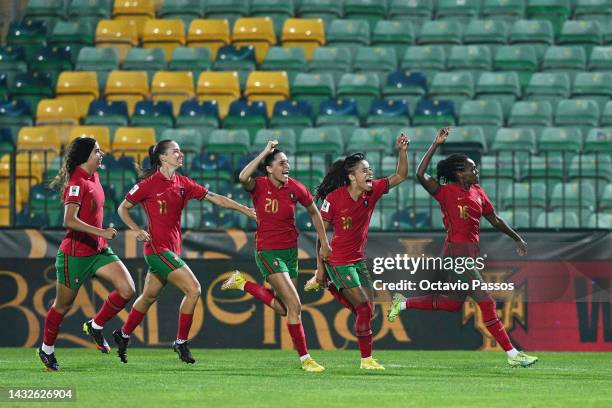 Diana Silva of Portugal celebrates with team mates after scoring their sides second goal during the 2023 FIFA Women's World Cup play-off round 1...