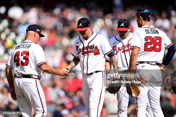 Jesse Chavez of the Atlanta Braves is pulled from the game against the Philadelphia Phillies during the fifth inning in game one of the National...
