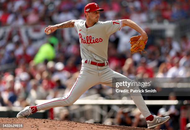 Connor Brogdon of the Philadelphia Phillies delivers a pitch against the Atlanta Braves during the fifth inning in game one of the National League...