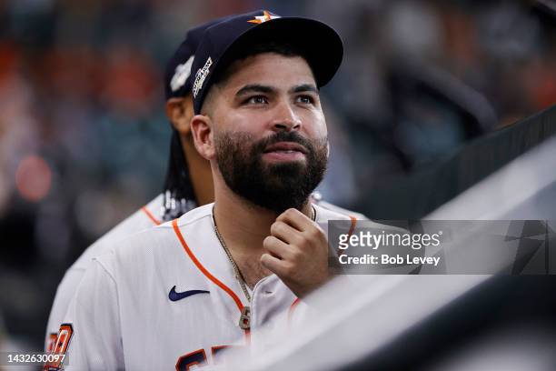 Jose Urquidy of the Houston Astros looks on prior to game one of the Division Series against the Seattle Mariners at Minute Maid Park on October 11,...