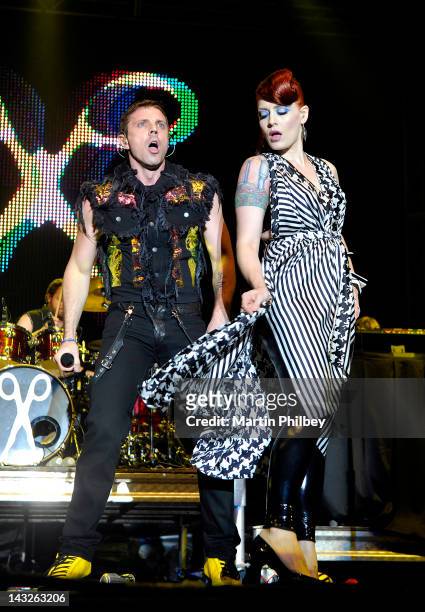 Jake Shears and Anna Matronic of Scissor Sisters perform on stage at the Pyramid Rock Festival on the 31st December 2011, at Phillip Island in...