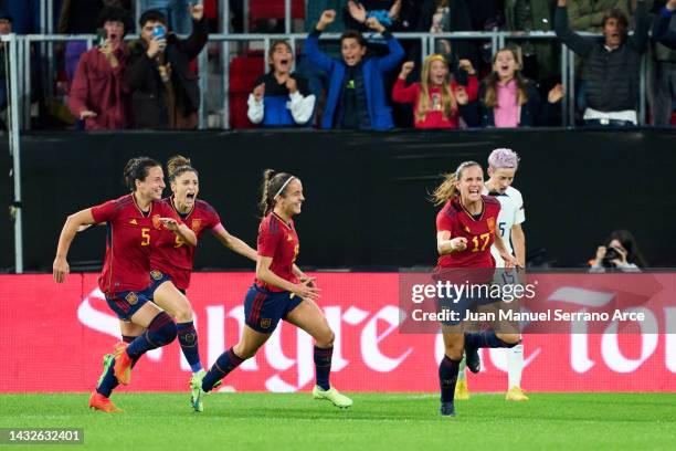 Laia Codina of Spain celebrates after scoring goal during the Women's International Friendly match between Spain and USA at El Sadar Stadium on...