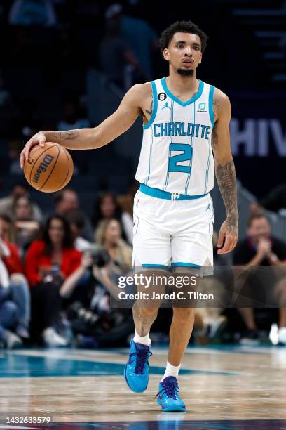 James Bouknight of the Charlotte Hornets brings the ball up court during the second quarter of the game against the Washington Wizards at Spectrum...