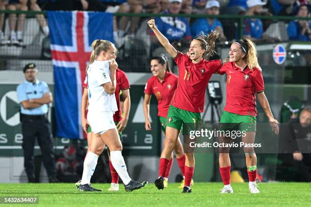 Tatiana Pinto and Ana Capeta of Portugal celebrate their sides victory after the 2023 FIFA Women's World Cup play-off round 1 match between Portugal...