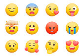 Emoji 3d icon set. Emoticon smile collection. happy, angry, thinks, kiss, explosion, tongue etc. vector illustration. Isolated icons, objects on a transparent background