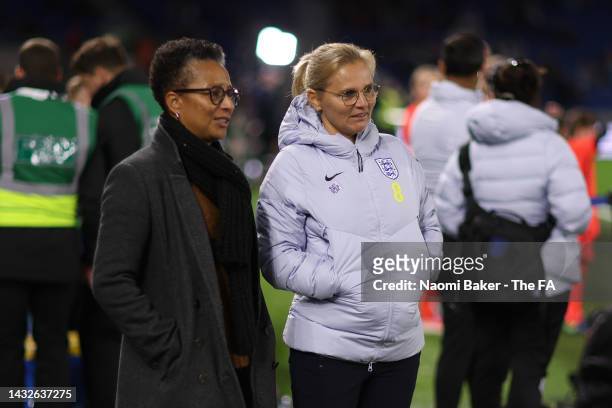 Hope Powell and Sarina Wiegman, Manager of England look on prior to the International Friendly match between England and Czech Republic at American...