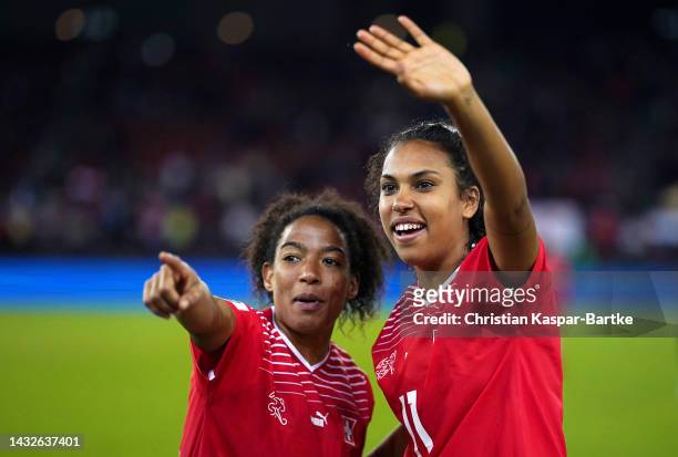 Eseosa Aigbogun and Coumba Sow of Switzerland celebrates their side's win after the final whistle of the 2023 FIFA Women's World Cup play-off round 2...