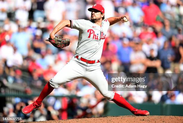 Brad Hand of the Philadelphia Phillies delivers a pitch against the Atlanta Braves during the fifth inning in game one of the National League...