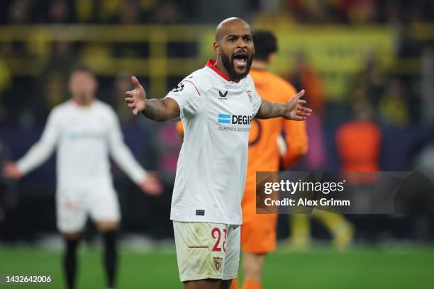 Marcao of Sevilla FC reacts during the UEFA Champions League group G match between Borussia Dortmund and Sevilla FC at Signal Iduna Park on October...