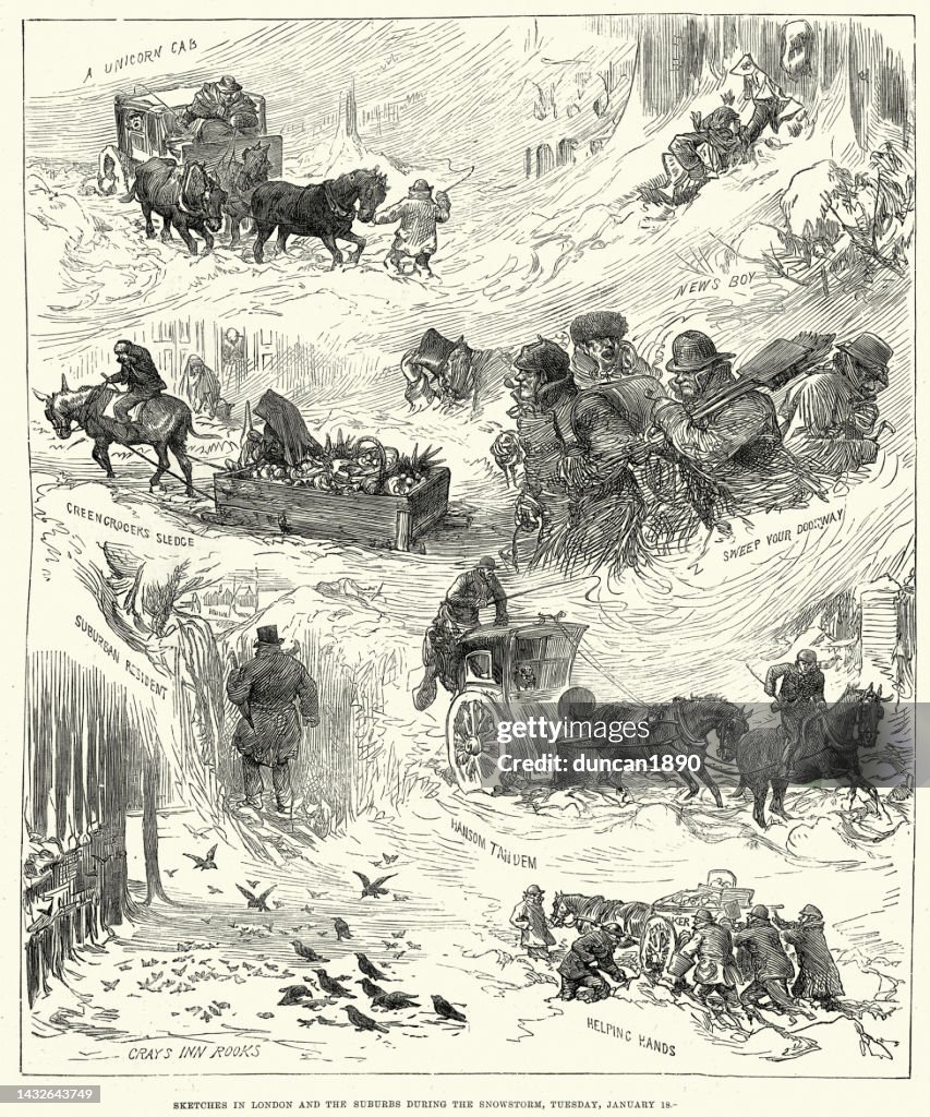 Traffic stuck in snow, digging out, sketches from London and the suburbs during a snowstorm, 1881, Victorian