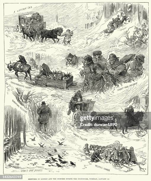 traffic stuck in snow, digging out, sketches from london and the suburbs during a snowstorm, 1881, victorian - toboggan stock illustrations