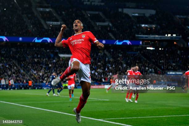 Joao Mario of SL Benfica reacts after scoring during the UEFA Champions League group H match between Paris Saint-Germain and SL Benfica at Parc des...