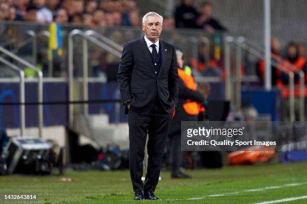 Carlo Ancelotti, Manager of Real Madrid looks on during the UEFA Champions League group F match between Shakhtar Donetsk and Real Madrid at Wojska...