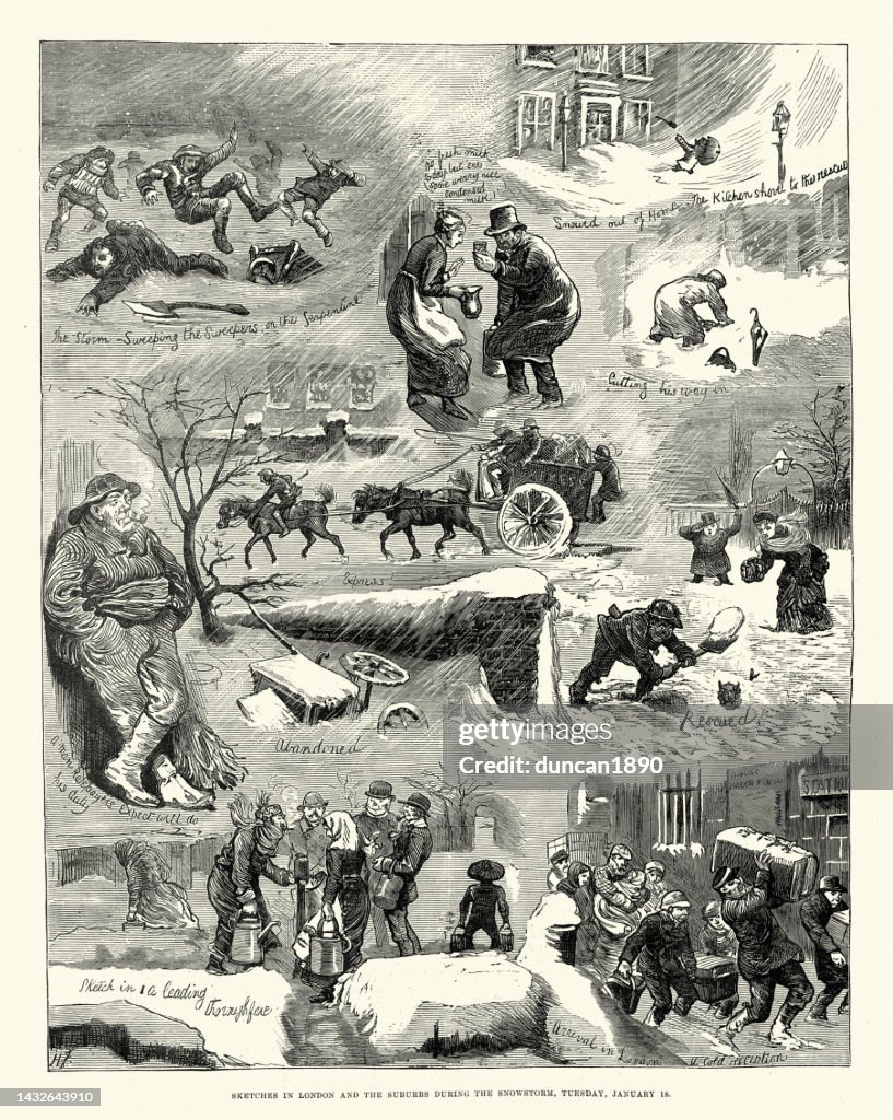 People snowed in digging out, sketches from London and the suburbs during a snowstorm, 1881, Victorian
