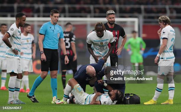 Reece James of Chelsea FC lies injured during the UEFA Champions League group E match between AC Milan and Chelsea FC at Giuseppe Meazza Stadium on...