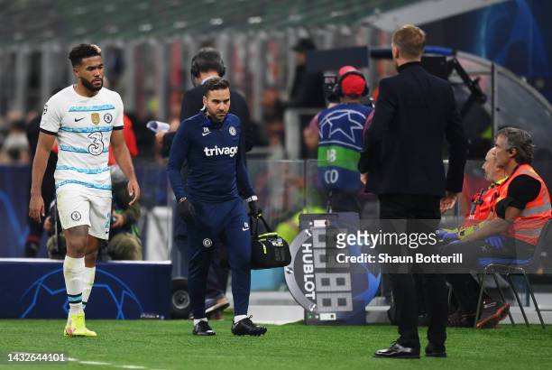 Reece James of Chelsea is substituted off after receiving medical treatment during the UEFA Champions League group E match between AC Milan and...