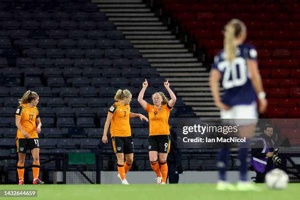 Amber Barrett of Republic of Ireland celebrates scoring their side's first goal with teammate Diane Caldwell during the 2023 FIFA Women's World Cup...